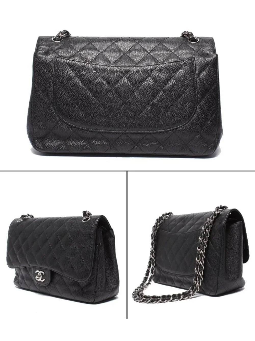 Chanel Chain Shoulder Bag Double Flap Silver Caviar Leather 16 Maxi Quilted 30